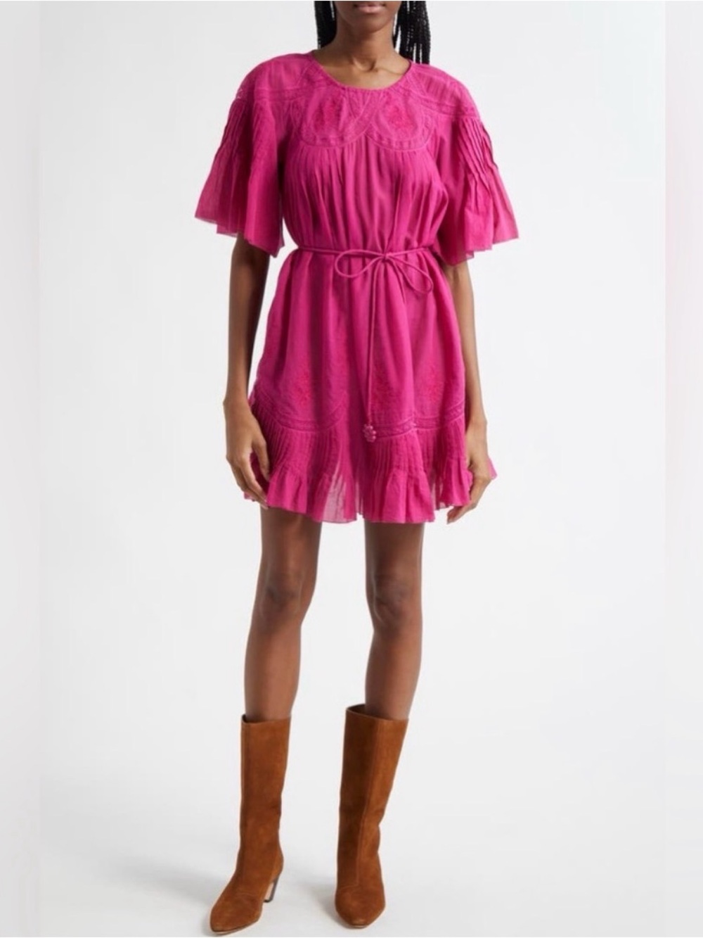 Farm Rio Lace Embroidered Pleated Fuchsia Short Sleeve Tie-Waist Dress R20